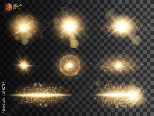 Golden glitter bokeh lights and sparkles. Shining star, sun particles and sparks with lens flare effect on transparent background