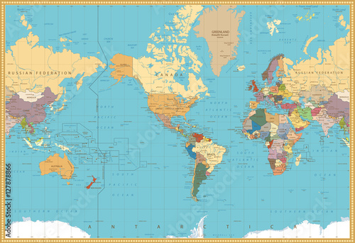 Retro Color America Centered Political World Map