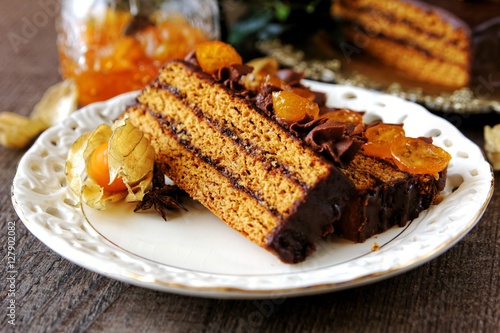 Traditional polish gingerbread layer cake with plum jam