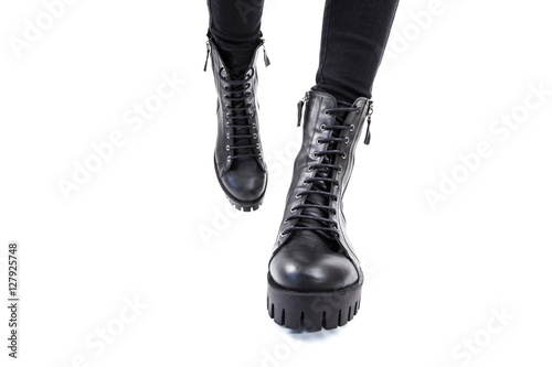 Black leather boots isolated on white background