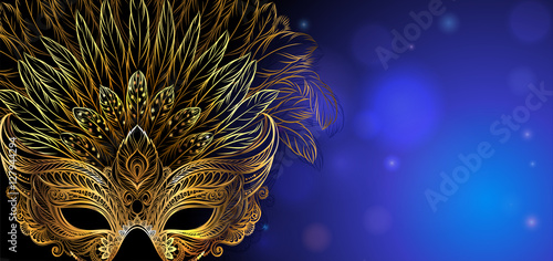 Vector Illustration. Golden carnival mask with feathers. Beautiful concept design for greeting card, party invitation, banner or flyer.