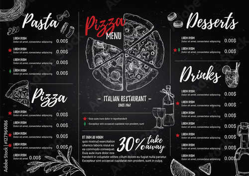 Hand drawn vector illustration - Italian menu. Pasta and Pizza.