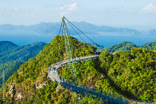 Breathtaking aerial view with Sky bridge, symbol Langkawi, Malaysia. Adventure holiday. Modern technology. Tourist attraction. Travel concept. Andaman sea backgroun