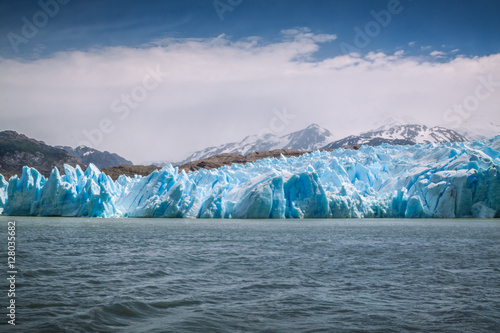 View of Grey Glacier, Torres del Paine National Park, Patagonia, Chile. Global warming is affecting the glaciers all over the world. 