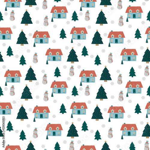 Christmas seamless pattern with snowman, trees and snowflakes.