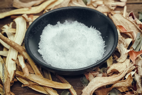 Borneol camphor in black bowl ,althernative medicine