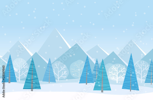 Beautiful Chrismas winter flat landscape background. Christmas forest woods with mountains. New Year winter vector landscape.