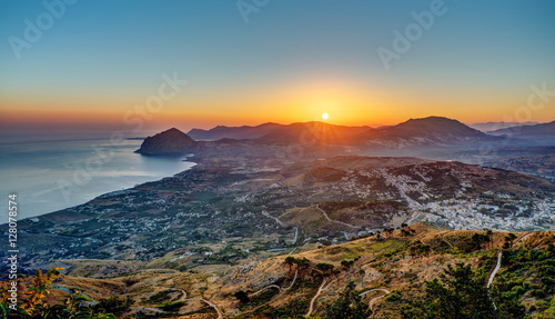 Sunrise seen from Erice in Sicily with the Monte Cofano in the back