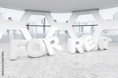 For Rent Sign in Empty Downtown Office. 3d Rendering