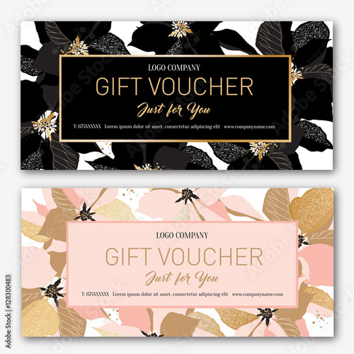  Gift voucher. Birthday card. Coupon template. Background for the invitation, shop, beauty salon, spa. Black and pink poinsettia on a white background.