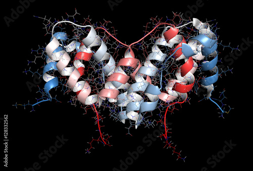 Interferon gamma (IFNg) cytokine molecule, 3D rendering.