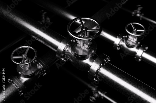 Black Valves Background, steel pipes series with black valves and selective focus effect, focuse on valve, shallow depth of field, industrial 3D illustration