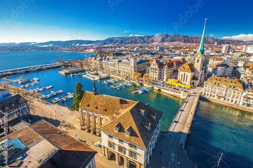 Historic Zürich city center with famous Fraumünster Church, Zürich lake and Limmat river, Switzerland