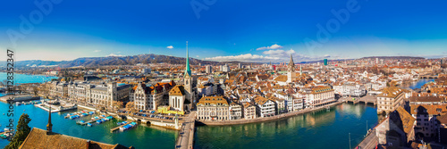Historic Zürich city center with famous Grossmünster Church, Limmat river and Zürich lake. Zürich is the largest city in Switzerland