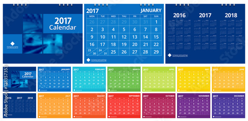 2017 calendar set include 12 months front cover and back cover (3 years 2016 2017 2018). Desk calendar corporate design layout template vector week start on Monday. Size 8"x 6" horizontal EPS-10.