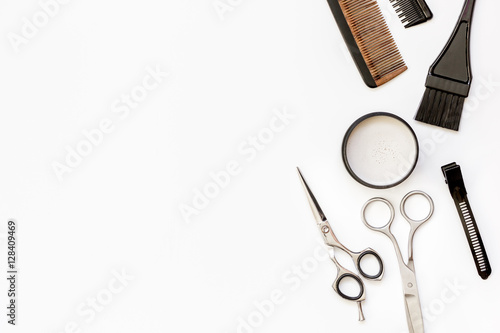 hairdresser tools on white background top view