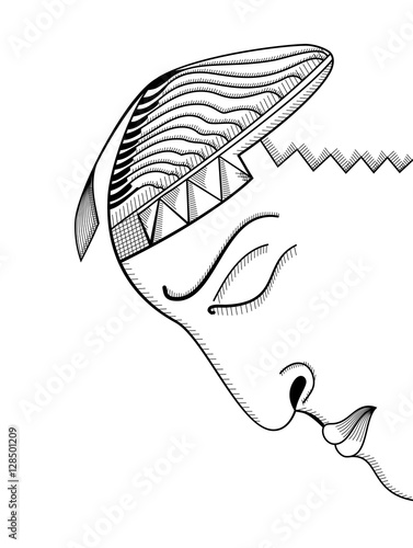 Hand drawing face. Abstract surreal vector template can use for posters cards, stickers, illustrations, t-shirt art, as decorative element.