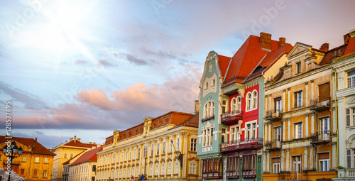 Colorful houses in Timisoara at sunset, Romania