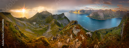 Panoramic View from Husfjellet Mountain on Senja Island during Sunset, Norway