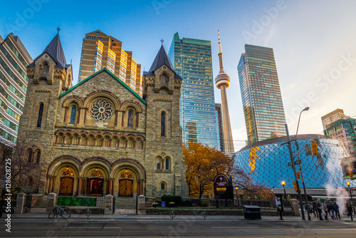 Panoramic view of St Andrew's Presbyterian Church and CN Tower - Toronto, Ontario, Canada