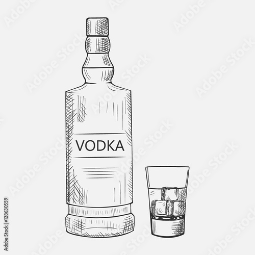 Hand drawn set of vodka elements. Vector illustration. Composition with vodka used for advertising beverage in restaurant or bar menu, for alcohol markets and logo design.