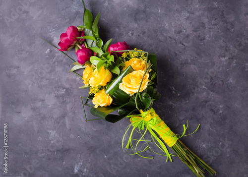 Bouquet of yellow, pink roses.. Still life with colorful flowers. Fresh roses. Place for text. Flower concept. Fresh spring bouquet. Summer Background