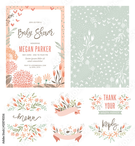 Baby Shower invitation templates with floral and typographic design elements. Menu, Thank Your, Reception Card, seamless pattern and banners. Vector illustration.