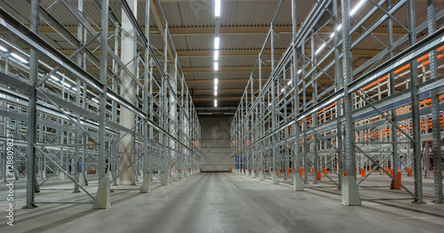 Interior of a warehouse with racks.
