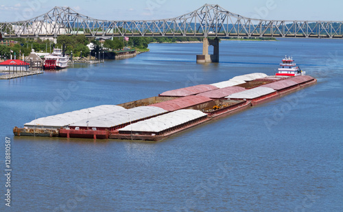 River barge traveling down the Illinois River by Peoria, Illinois