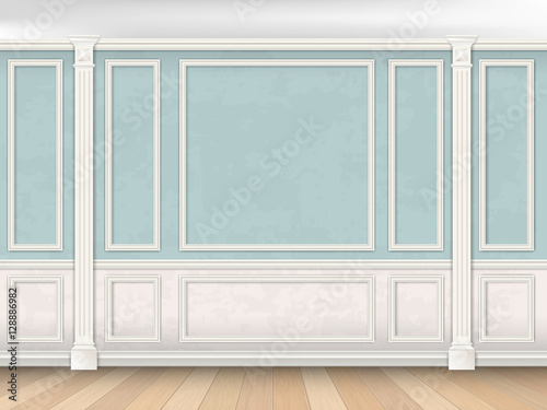 Blue wall interior in classical style with pilasters, moldings and white panel. Architectural background.