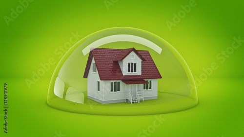 House under a Glass Shield, Protection Concept. 3d rendering