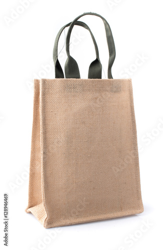 Shopping bag made out of recycled Hessian sack on white backgrou
