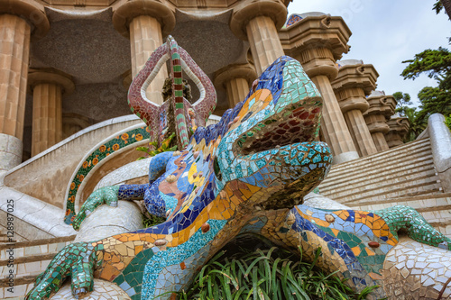 Dragon salamandra of gaudi mosaic in park guell of Barcelona