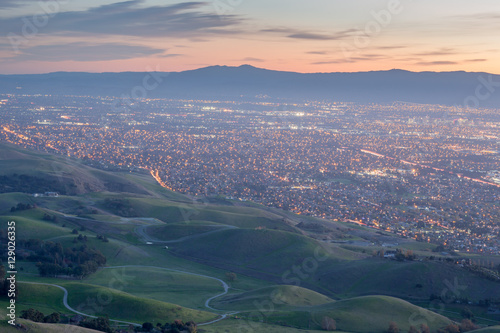 Silicon Valley and Green Hills at Dusk. Monument Peak, Ed R. Levin County Park, Milpitas, California, USA.