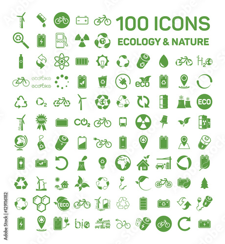 100 ecology & nature green icons set on white background. Vector