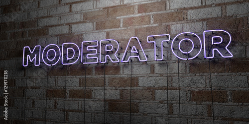 MODERATOR - Glowing Neon Sign on stonework wall - 3D rendered royalty free stock illustration. Can be used for online banner ads and direct mailers..