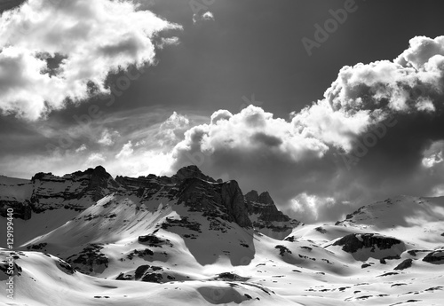 Black and white panoramic view of snow mountains