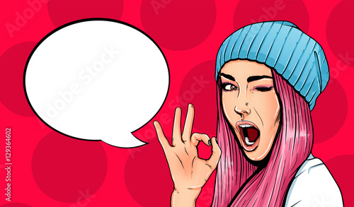Pop Art Vintage advertising poster comic girl with speech bubble. Pretty girl giving ok gesture