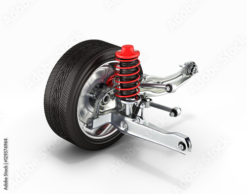 suspension of the car with wheel perspective view on white background 3d