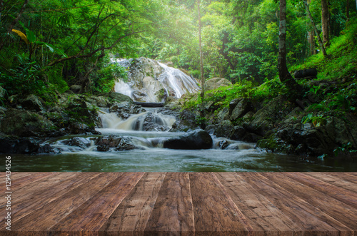 Wood floor perspective and natural mountain waterfall
