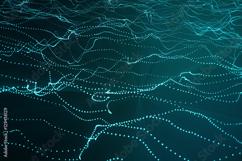 3d rendering abstract polygonal wave background with connecting dots and lines. Connection structure. Computer HUD. Flow. Wave. Blue Lines and dots