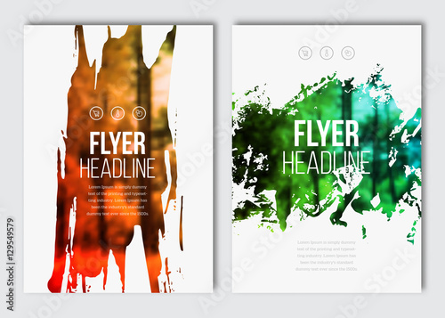 Flyer layout template. Vector brochure background with elements for magazine, cover, poster, layout design. Stain, blot, ink, watercolor with color effect.