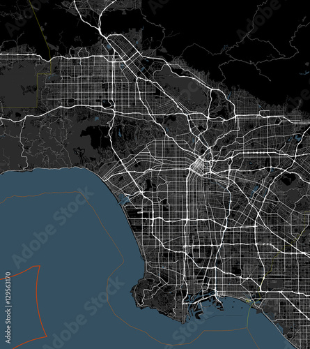 Black and white map of Los Angeles city. California Roads