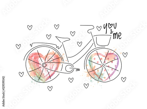 Abstract vintage bicycle, wheels illustrated with vector ombre print hearts with splashes and polka dots. White background.
