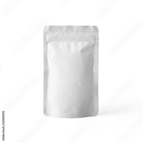 Blank white matte plastic paper pouch bag isolated on white background. Packaging template mockup collection. With clipping Path included.