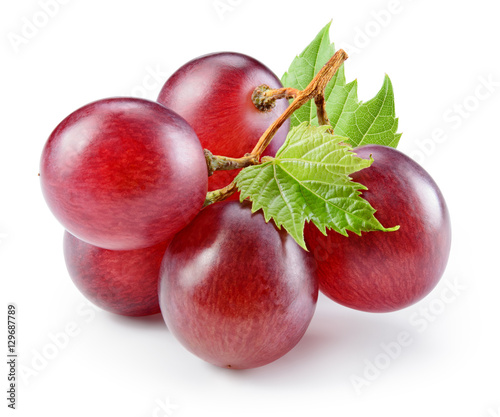 Ripe red grape with leaf isolated on white. With clipping path.