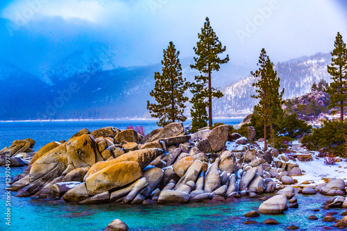 Lake Tahoe, Nevada, USA - December 28, 2015: Lakeside views on the North Shore of Lake Tahoe, near Sand Harbor, and Incline Village.
