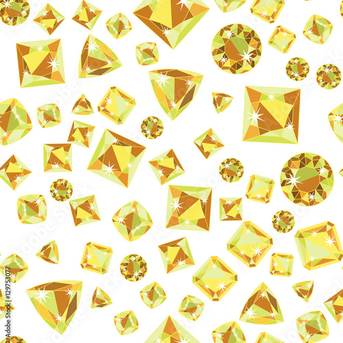 Seamless pattern with green yellow scattered precious gem Citrine from different cuts on white background. Vector illustration