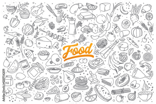 Hand drawn set of healthy food ingredient doodles with lettering in vector