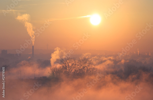 Smog, fog and pollution in Lyon during a winter sunrise.